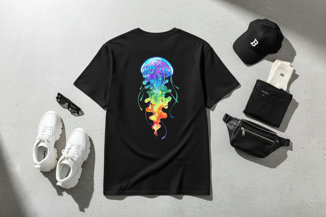 Lifestyle flat lay Rainbow Jellyfish - retro